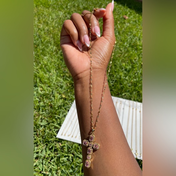 B. Collective Gold & Pink Stone Cross Pendant Necklace (Boutique) | SAMPLE SALE - Picture 1 of 4